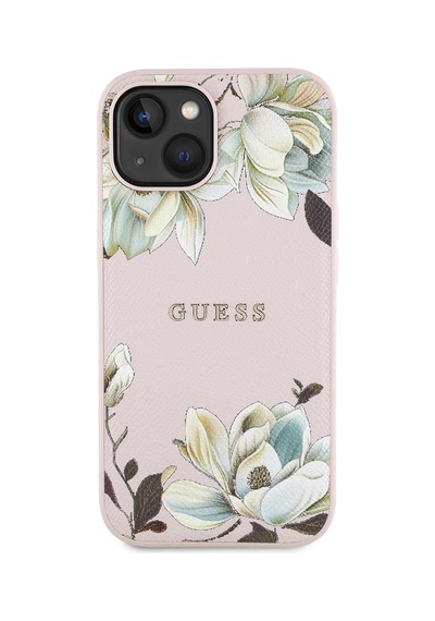 Apple Uyumlu iPhone 15 Kılıf Guess Lisanslı M-safe Özellikli Taneli Çiçek Tasarımlı Metal Yazı Logolu Kapak Pembe