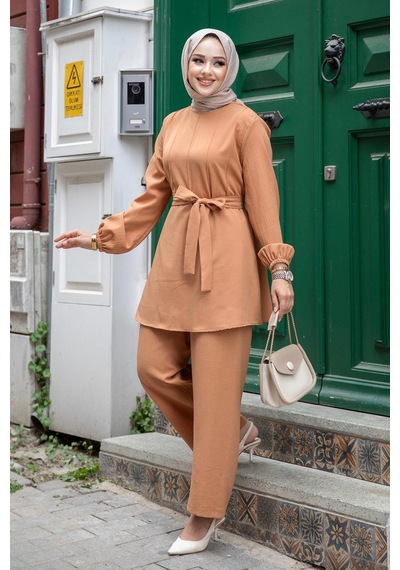 Misskayle Dikiş Detaylı Tesettür Camel Takım Camel
