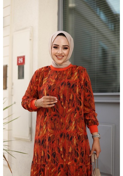 Harman Butik Kadın Yaprak Desenli Şifon Elbise Kiremit Kiremit