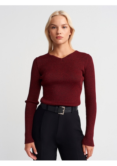 Dilvin 10803 V Yaka Simli Triko Kazak-bordo Bordo