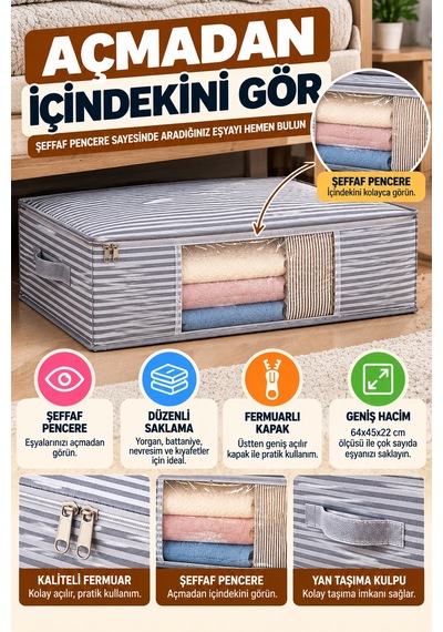 Gri Çizgili Baza Altı Pencereli Hurç 64x45x22 Cm Yorgan Battaniye Kıyafet Saklama Düzenleyici Kutusu