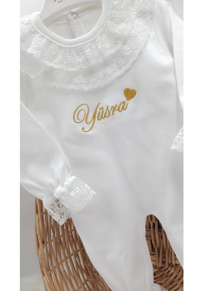 Gros Shop Yeni Doğan Dantelli 3'lü Hastane Çıkış Tulum Seti Kişiye Özgü İs Gold Altın