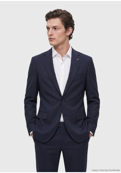 Ramsey Lacivert Kareli Modern Fit Yün Karışımlı Takım Elbise