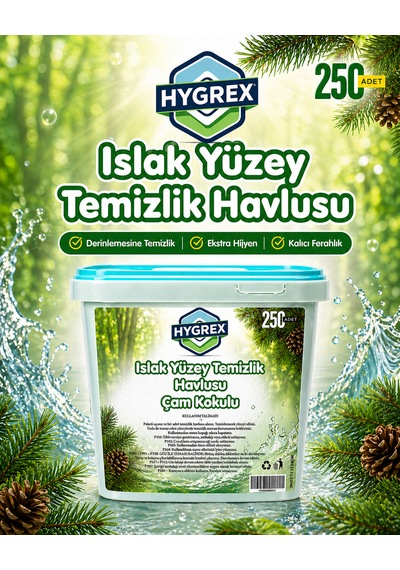 Hygrex Yüzey Temizlik Havlusu Çam Kokulu Islak Kova Mendil 250 Adet Ev Ofis Tüm Yüzeyler Beyaz