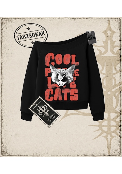Tarzsokak Gotik & Grunge Streetwear Cool Cats Kayık Yaka Sweatshirt Siyah