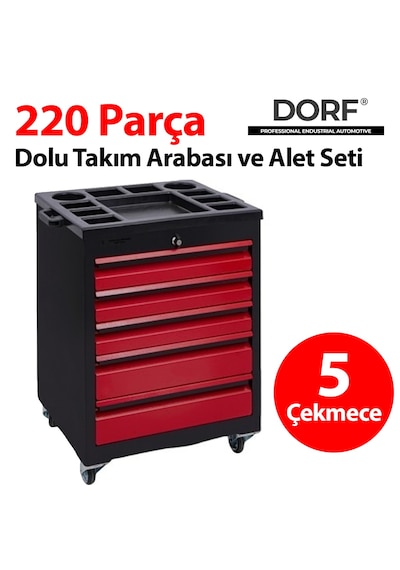 Dorf 220 Parça Dolu Takım Arabası Metal Tekerli 5 Çekmeceli