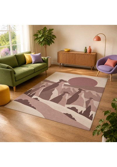 Kartela Halı Kapadokya Peri Bacası Desenli Halı Gül Kurusu Kaymaz Taban 60x90 Cm