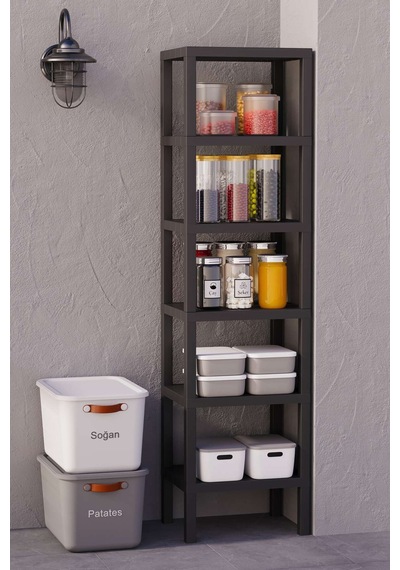 Shelf 6 Katlı Düzenleyici Plastik Raf Ünitesi Siyah, Kitaplık, Mutfak, Banyo Rafı Dolabı, Saksılık Siyah
