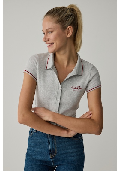 Urban Beat Kaela Kadın Triko Polo Yaka Düğmeli Kısa Kollu Baskı Detaylı Grimelanj T-shirt Gri Melanj