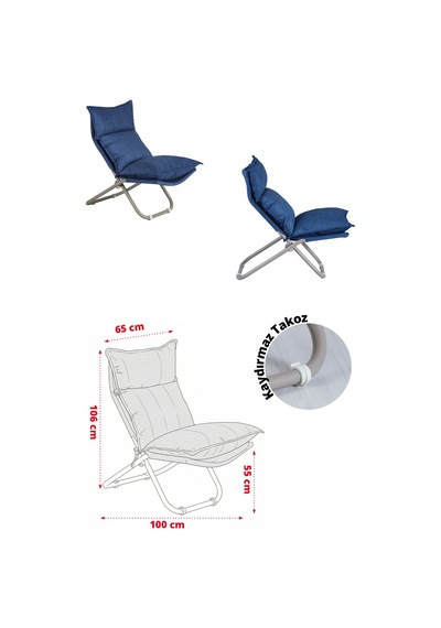 Lumis Garden Prestij Katlanabilir Lounge Koltuğu Çıkarılabilir & Yıkanabilir Kılıf, Modern Metal İskelet Lacivert
