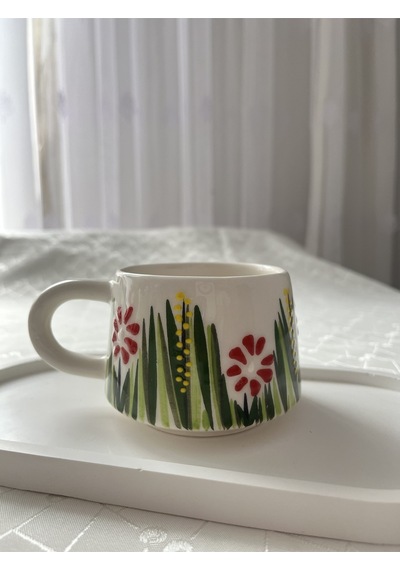 Çiçekli Yeşil Desenli Kupa Bardak 200 Ml Yeşil