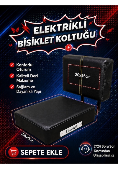 Skyjet Arka Deri Koltuk,elektrikli Bisiklet Deri Koltuk, Motosiklet Deri Koltuk, Arka Sele Çocuk Deri Koltuk Seti Siyah