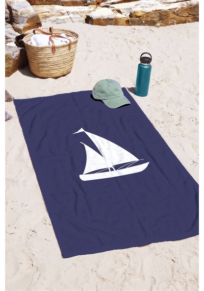 Yelkenli Marine Lacivert Plaj Havlusu - Minimalist Deniz Temalı Hızlı Kuruyan Mikrofiber Havlu Örtü Kuru Kumul
