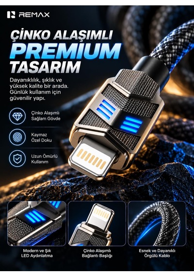 Remax Cb05-cl Bumblebee Serisi 30w Pd Type-c To Lightning Led Işıklı Çinko Alaşımlı Örgülü Hızlı Şarj Ve Data Kablosu 1.2 Metre Siyah