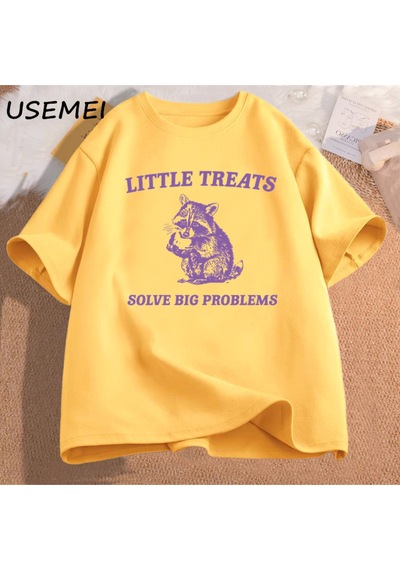 Flood Of Style Küçük Davranır Büyük Sorunları Çözmek Komik Rakun Baskı T Shirt Erkek Kadın Moda Harajuku Ret Sarı