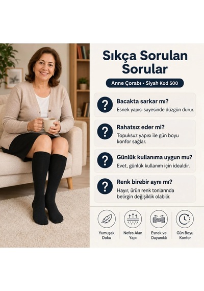 Genel Kadın 40 Denye İnce Anne Çorabı 12'li Dizaltı Topuksuz Esnek, Ten Siy Siyah / Standart / 12 Adet