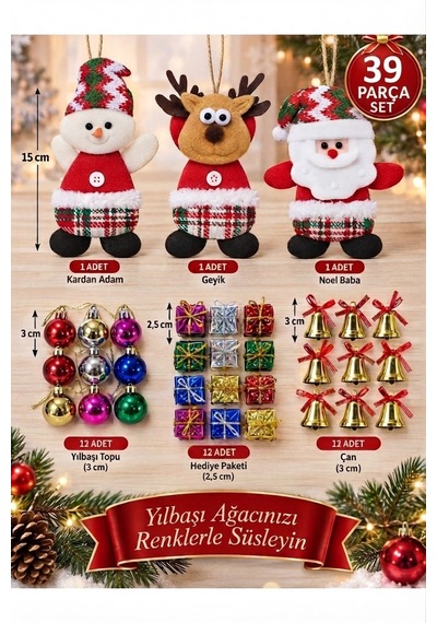 Yeni Yıla Özel 39 Parça Yılbaşı Ağacı Süs Seti Noel Peluşları Ve Yılbaşı Aksesuarları Süsleme Seti Diğer
