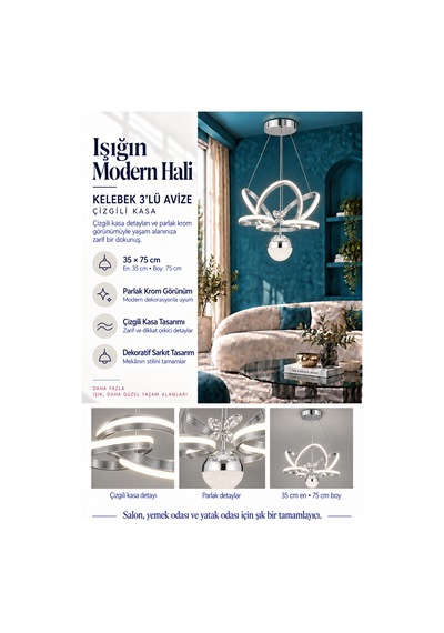Kelebek 3 Lü Küçük Modern Ledli Avize Çizgili 3 Renk Power Ledli Krom Kaplama Kumandalı Yatak Odası Salon Mutfak