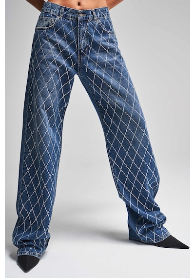 it's basic Kadın Koyu Mavi Renk Rita Loose Fit Önü Parlak Taşlı Tasarım Denim Jean Koyumavitaşlı