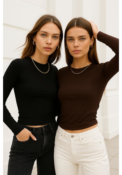 Rich Kadın Siyah-kahverengi 2'li Paket Bisiklet Yaka Esnek Kumaşlı Vücuda Oturan Slim Fit Uzun Kollu Crop Body Siyah - Kahverengi
