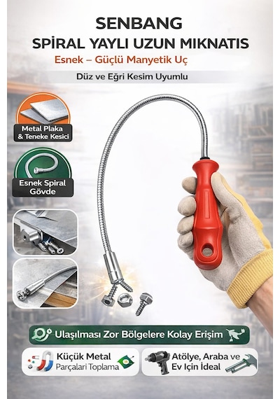 Senbang Spiral Yaylı Uzun Mıknatıs Esnek Metal Tutucu, Kırmızı Saplı Manyetik El Aleti