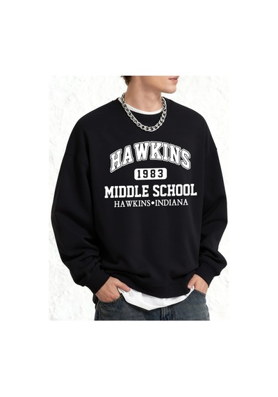 Startmore Tarzsokak Hawkins Ortaokul Erkekler İçin Baskılı Sweatshirt Oversize Kazak Sonbahar Sıcak O-yaka Spor G Siyah