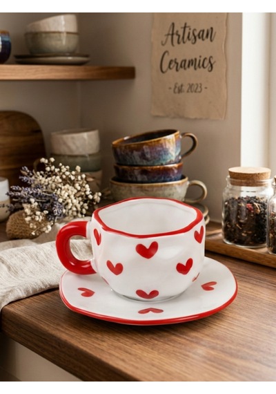 Seramik Tabaklı Handmade Tasarımlı Kupa - Renk Seçenekli Kalp Desenli Renkli