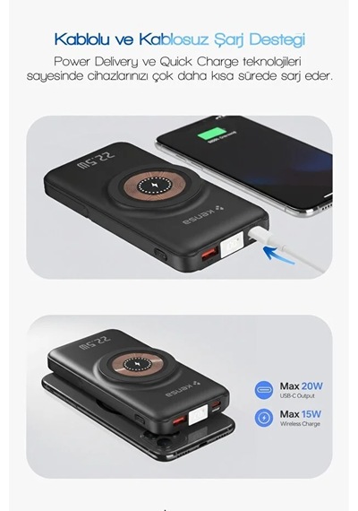 10000 Mah Magsafe Uyumlu Taşınabilir Powerbank Dahili Kablolu 22.5w Scp 20w Pd 15w Wireless Siyah