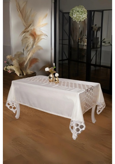 Miranda Lüx Dantelli Monoray Kumaş Krem Masa Örtüsü 170x330 Cm - 1004 Çok Renkli