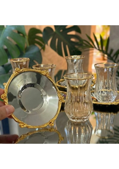 12 Parça 6 Kişilik Kristal Kesim Çay Takımı Cam Çay Bardağı Ve Tabak Seti Eco Gümüş