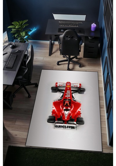 Formula 1 Kırmızı Yarış Arabası Halı Kaymaz Taban Yıkanabilir Spor Temalı Halı F1.4