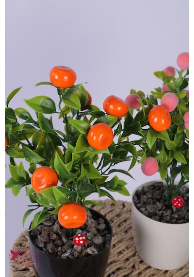 Yapay Çiçek Sitesi Plastik Saksıda Yapay Mini Mandalina & Şeftali Tanzimi 2 Li Set 33 Cm Çok Renkli