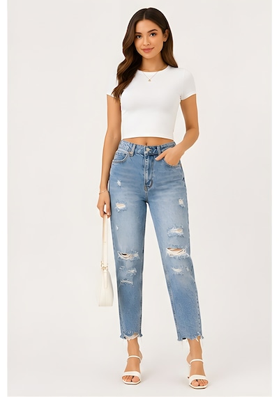 Lili Woman Kadın Yüksek Bel Yırtık Detaylı Mom Fit Jean Pantolon Ty.yjn01 Mavi