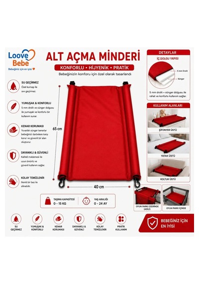Bebek Alt Açma Minderi Bakım Örtüsü Silenebilir Kolay Kullanım 65 X40 Cm Kırmızı