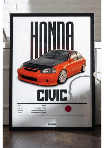 Honda Civic Araba Siyah Ahşap Çerçeveli Poster, Dekoratif Duvar Tablosu