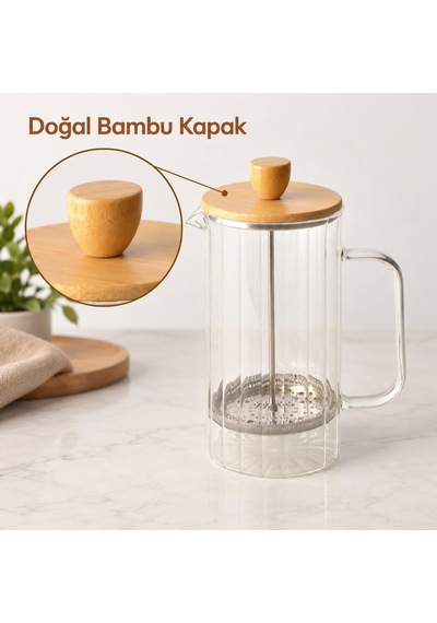 Bambu Kapaklı French Press, 1000 Ml Borosilikat Cam Filtre Kahve Ve Bitki Çayı Demliği, Cam Kulplu, Manuel Pres Filt Diğer