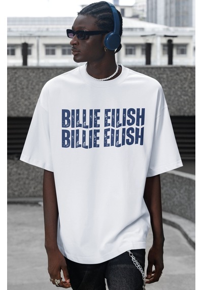 Sevbano Tasarım Billie Eilish Şarkıcı Sırt Baskılı Unisex Oversize Tişört Beyaz