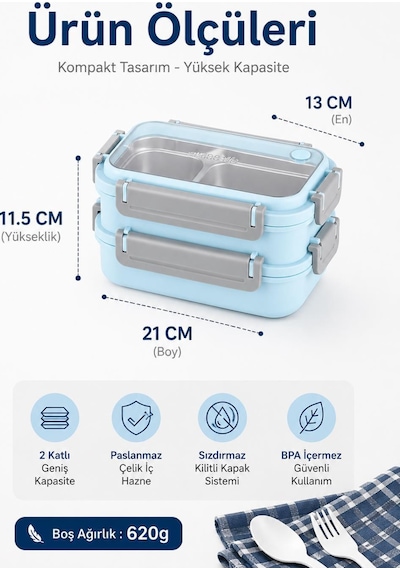 Vagonlife Bl2215 Açık Mavi 1200 Ml 2 Katlı 3 Bölmeli Paslanmaz Çelik Yemek Kabı Lunch Box Çok Renkli