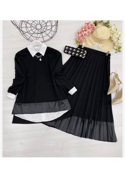 Lovie Moda Kadın Deri Garnili Etekli Takım Siyah