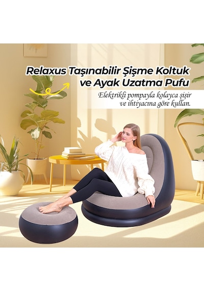 Şişme Koltuk Ve Ayak Uzatma Pufu Ev, Kamp, Ofis Kullanımı İçin, Pompa Hediyeli, Taşınabilir Bej - Siyah