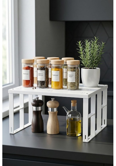 Çok Amaçlı Beyaz Metal Raf Düzenleyici & Mutfak Dolap İçi Ve Tezgah Üstü Organizer 28x32x15 Cm Çr