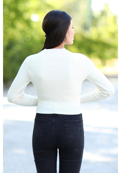 Giysa Kadın Bej Fitilli Crop Triko Kazak Kısa Model Akrilik Kumaş Ribanalı - 3122 Bej