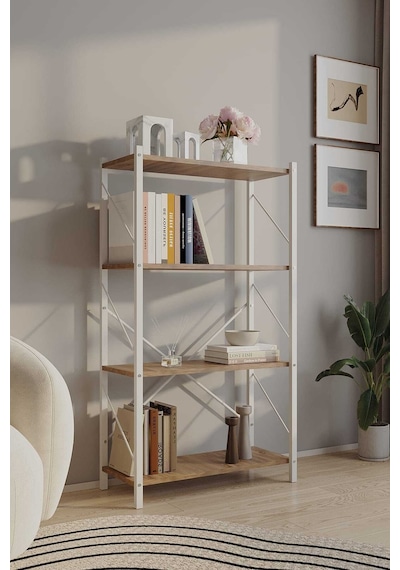 Dört Katli Çok Amaçli Rafli Kitaplik Beyaz Profil Çam Sunta 60x24x115 Cm Mtl020 Beyaz-çam