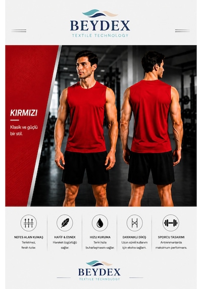 Beydex Erkek Nem Emici Hızlı Kuruma Atletik Teknik Sporcu Sıfır Kol T-shirt Gym Kırmızı