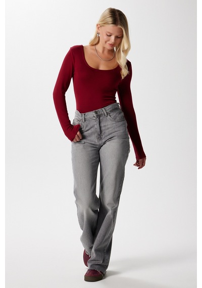 Ritnice Kadın Heat Lux Touch U Yaka Bordo Uzun Kol Soft Bluz Bordo