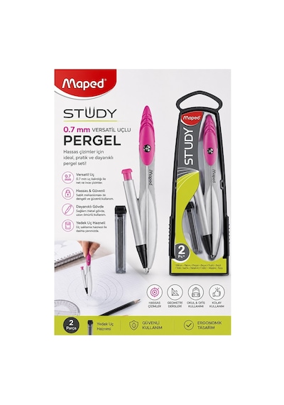 0.7 Uçlu Metal Pergel 1 Adet Maped 119430 Kutulu Metal Pergel Versatil Uçlu Mekanik Kalem Basmalı Uçlu Pergel Matematik Pembe
