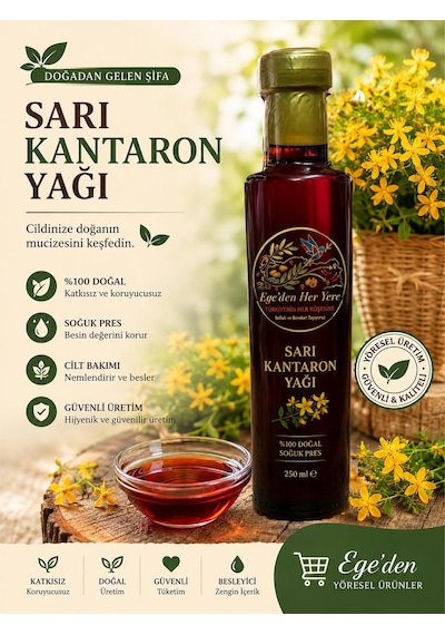 Egeden Her Yere Sarı Kantaron Yağı 1 Yıl Bekletilmiş Cam Şişe 250 ML