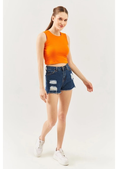 Butikgiz Kadın Sıfır Kol Bisiklet Yaka Vücuda Oturan %100 Pamuklu Kaşkorse Esnek Crop Bluz Turuncu