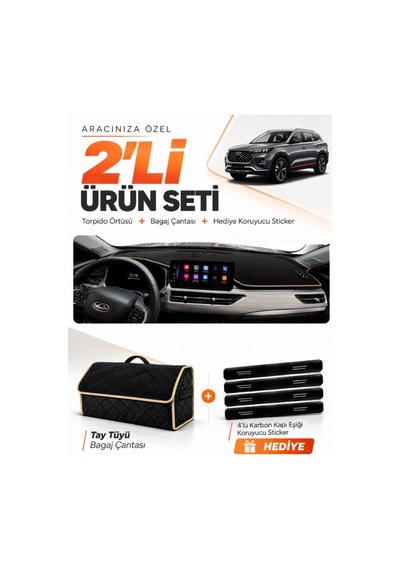 Chery Tiggo 8 Pro 2018-2024 Uyumlu Torpido Örtüsü + Tay Tüyü Bagaj Çantası + Sticker - Siyah Bej
