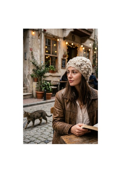 Emybox El Örgüsü Siyah Kadın Bere Tığ İşi Çiçek Motifli Bohem Kışlık Şapka - Vintage Stil Yumuşak Örgü Bere Modeli Bej